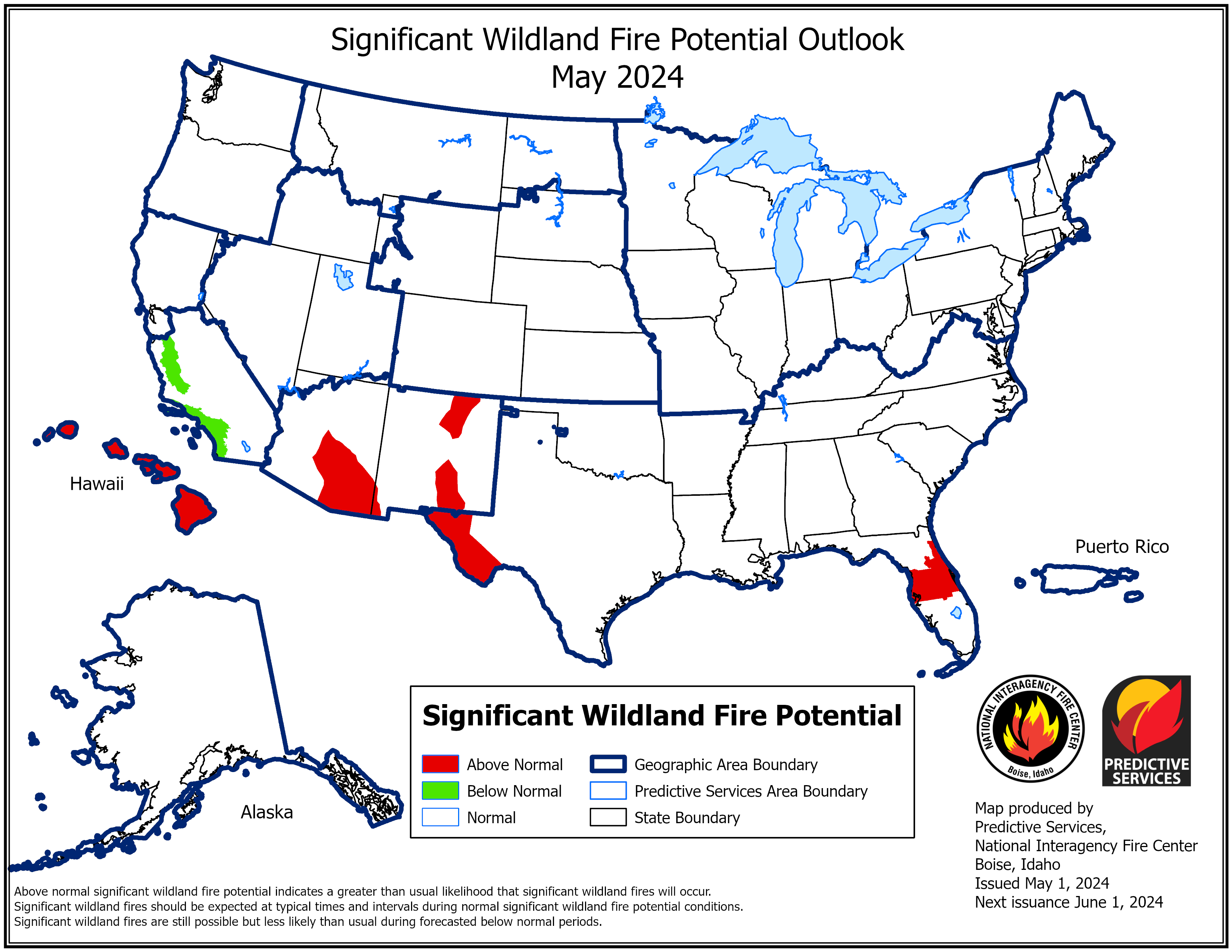 Map of the potential for forest fires in the United States in May in red and green