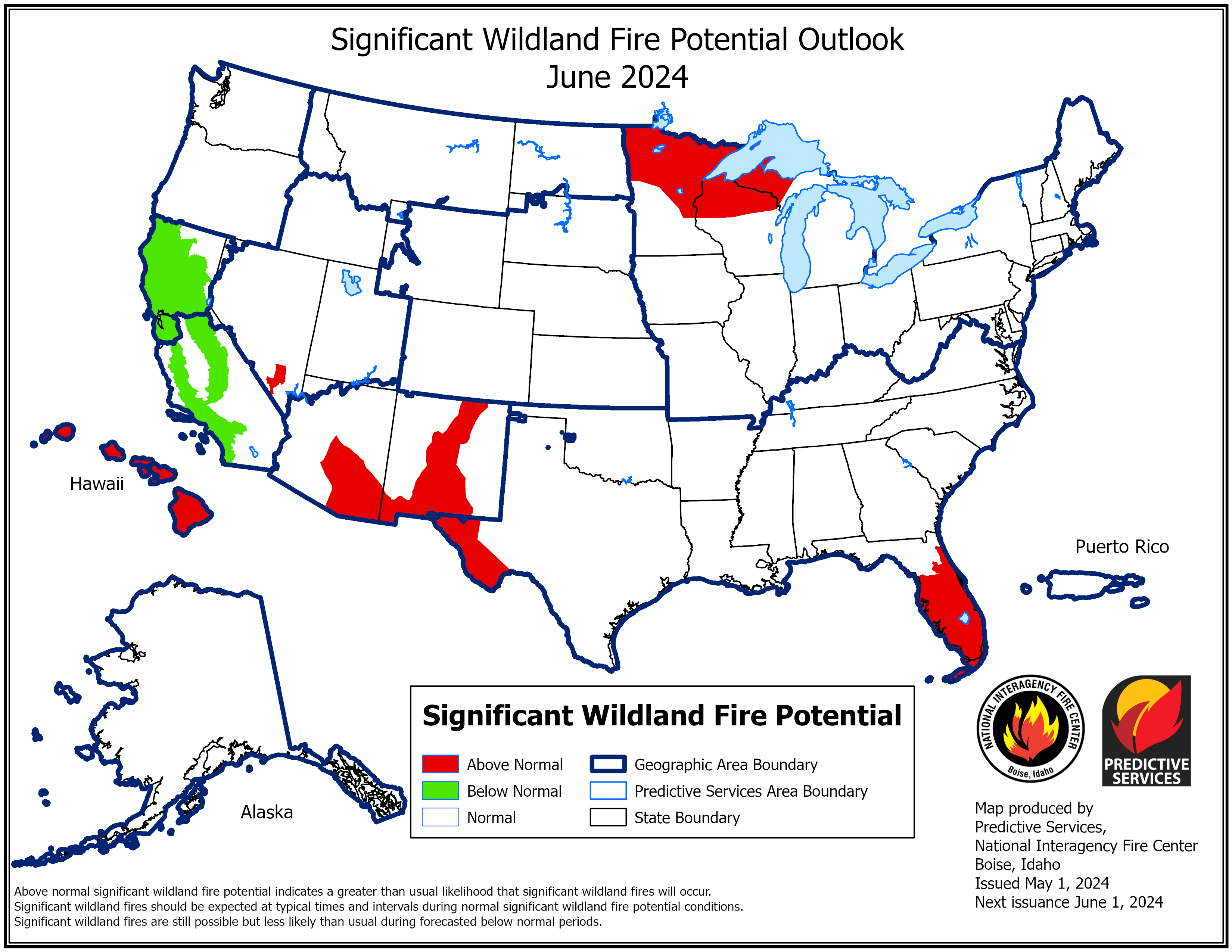 US June wildfire potential map in red