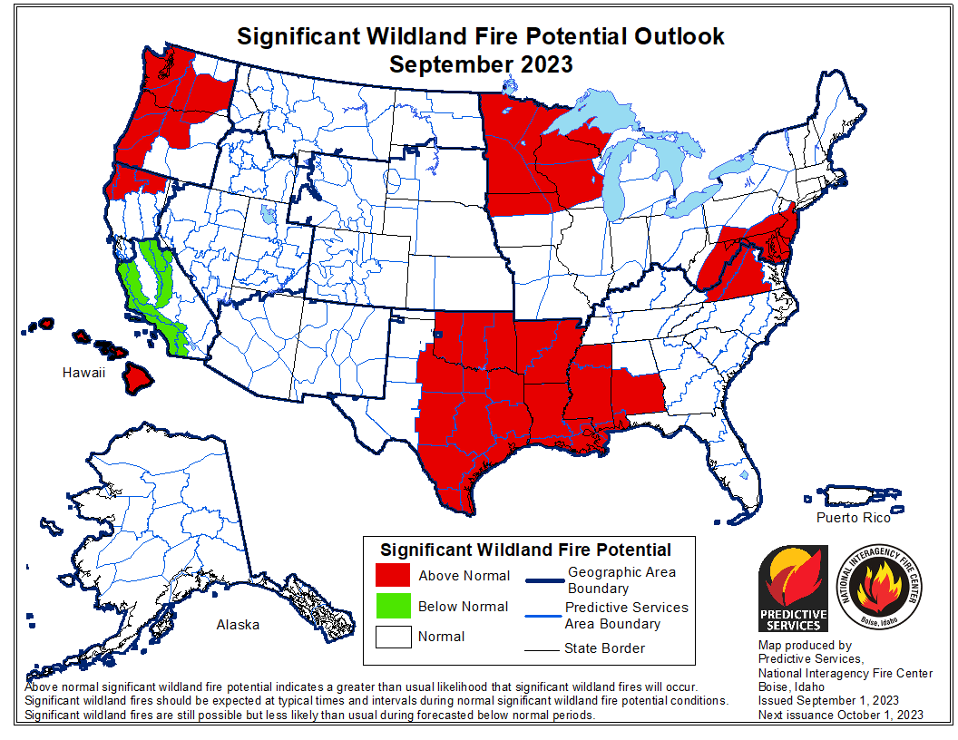 Map showing the Significant Wildland Fire Potential Outlook for September 2023. 