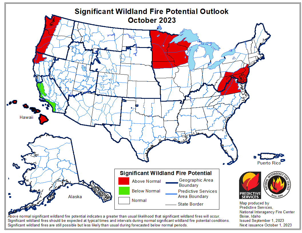 Map showing the Significant Wildland Fire Potential Outlook for Ocotber 2023. 