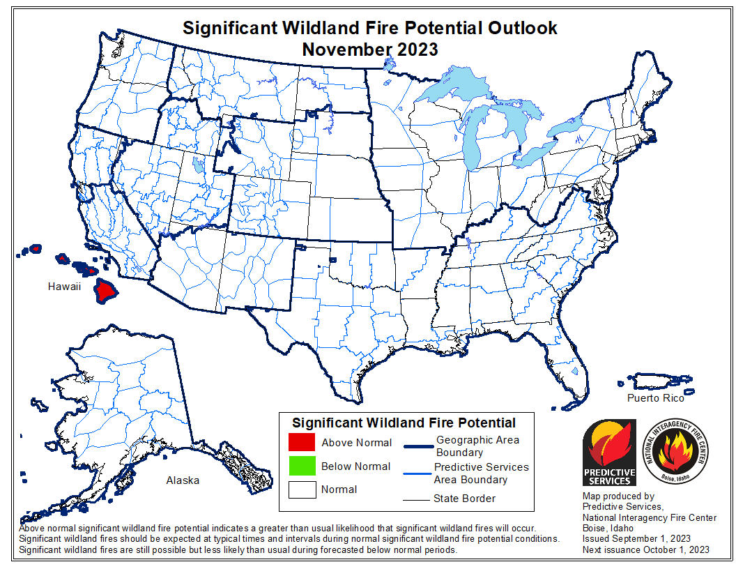 Map showing the Significant Wildland Fire Potential Outlook for November 2023. 