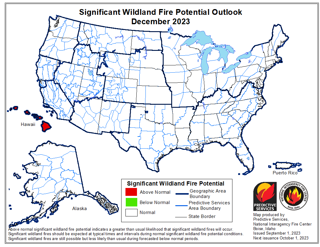 Map showing the Significant Wildland Fire Potential Outlook for December 2023. 