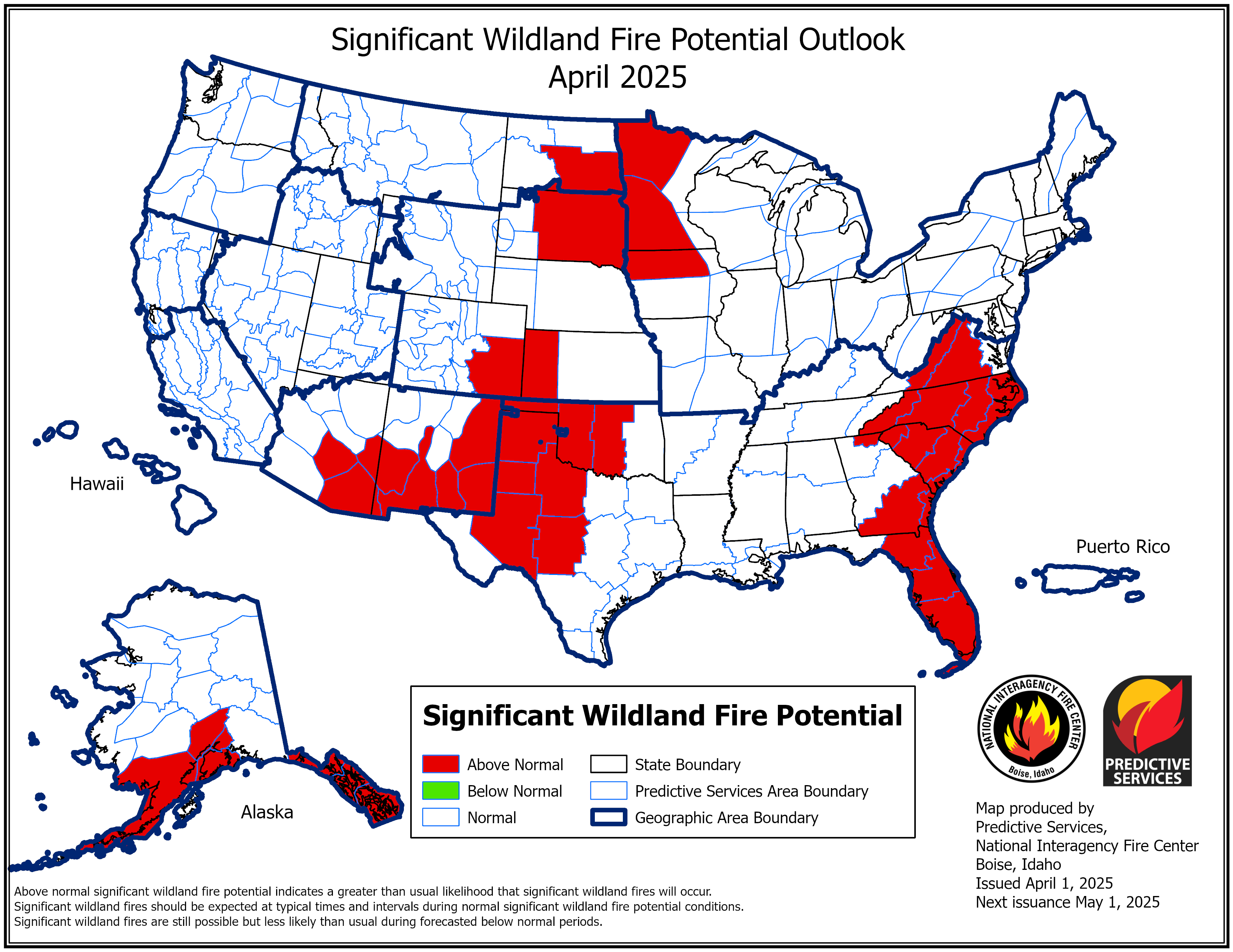 April 2025 Significant Wildland Fire Potential Outlook map (issued April 1, 2025)
