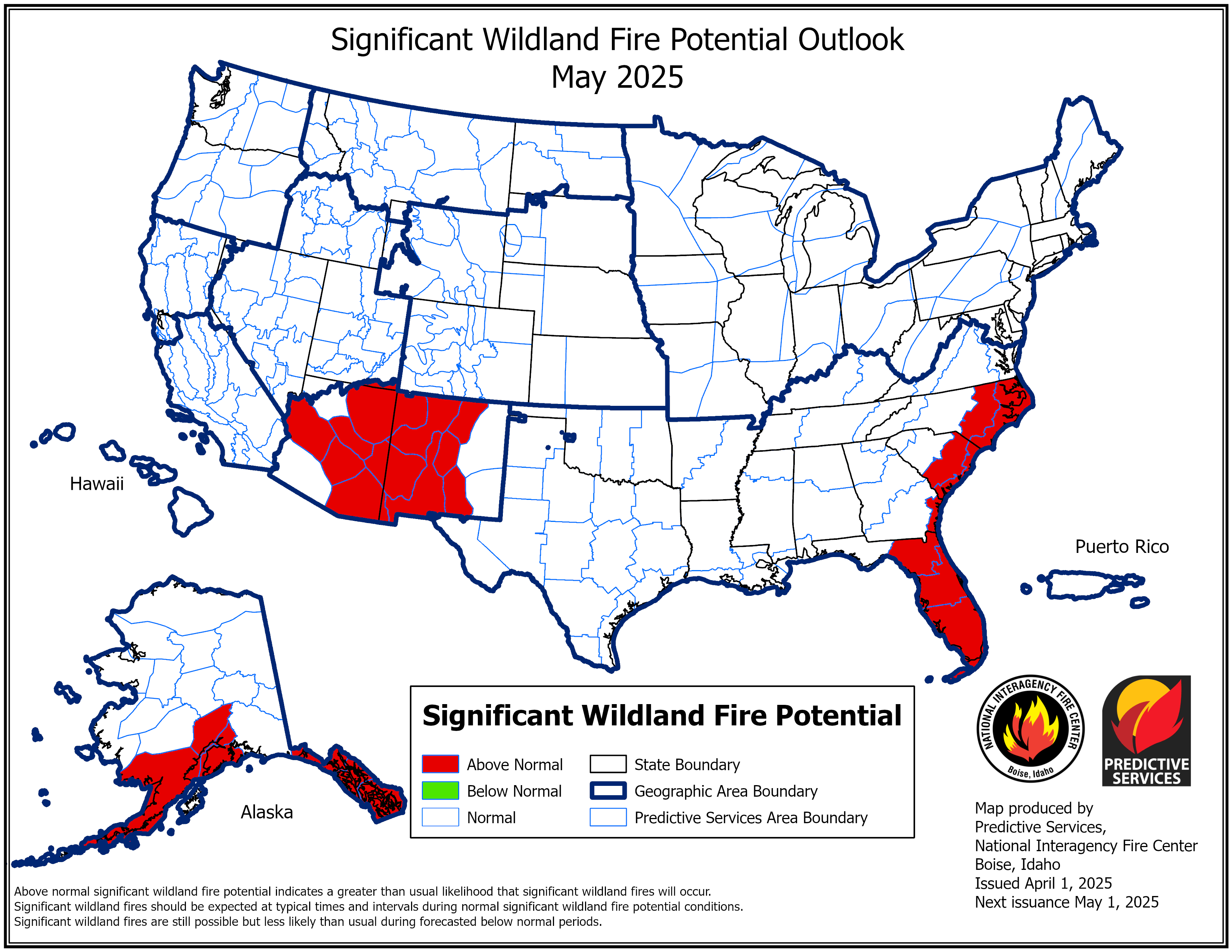 May2025 Significant Wildland Fire Potential Outlook map (issued April 1, 2025)