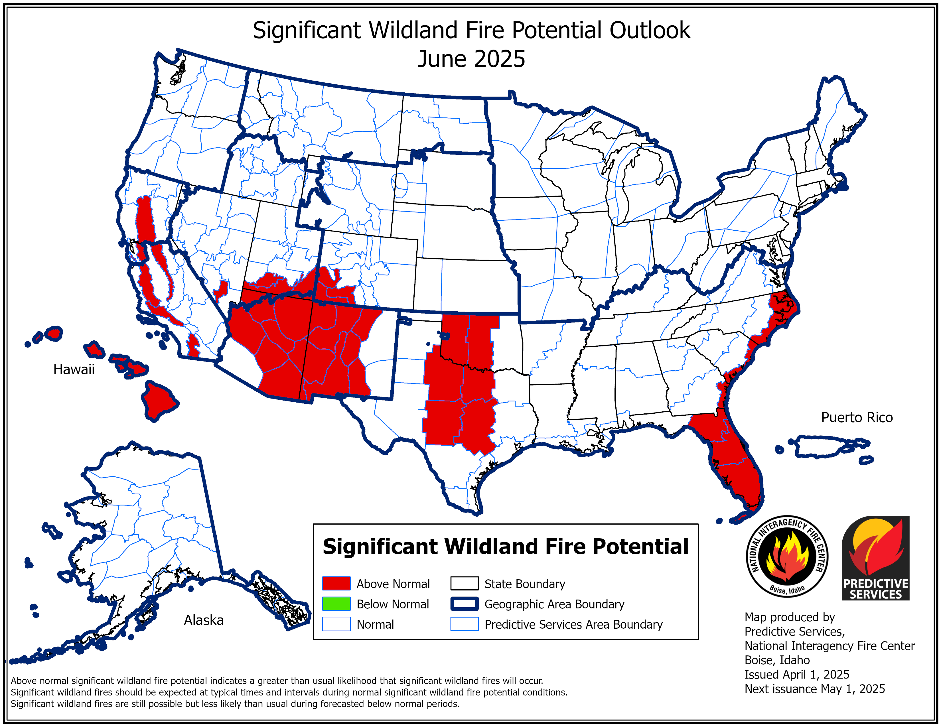 June 2025 Significant Wildland Fire Potential Outlook map (issued April 1, 2025)