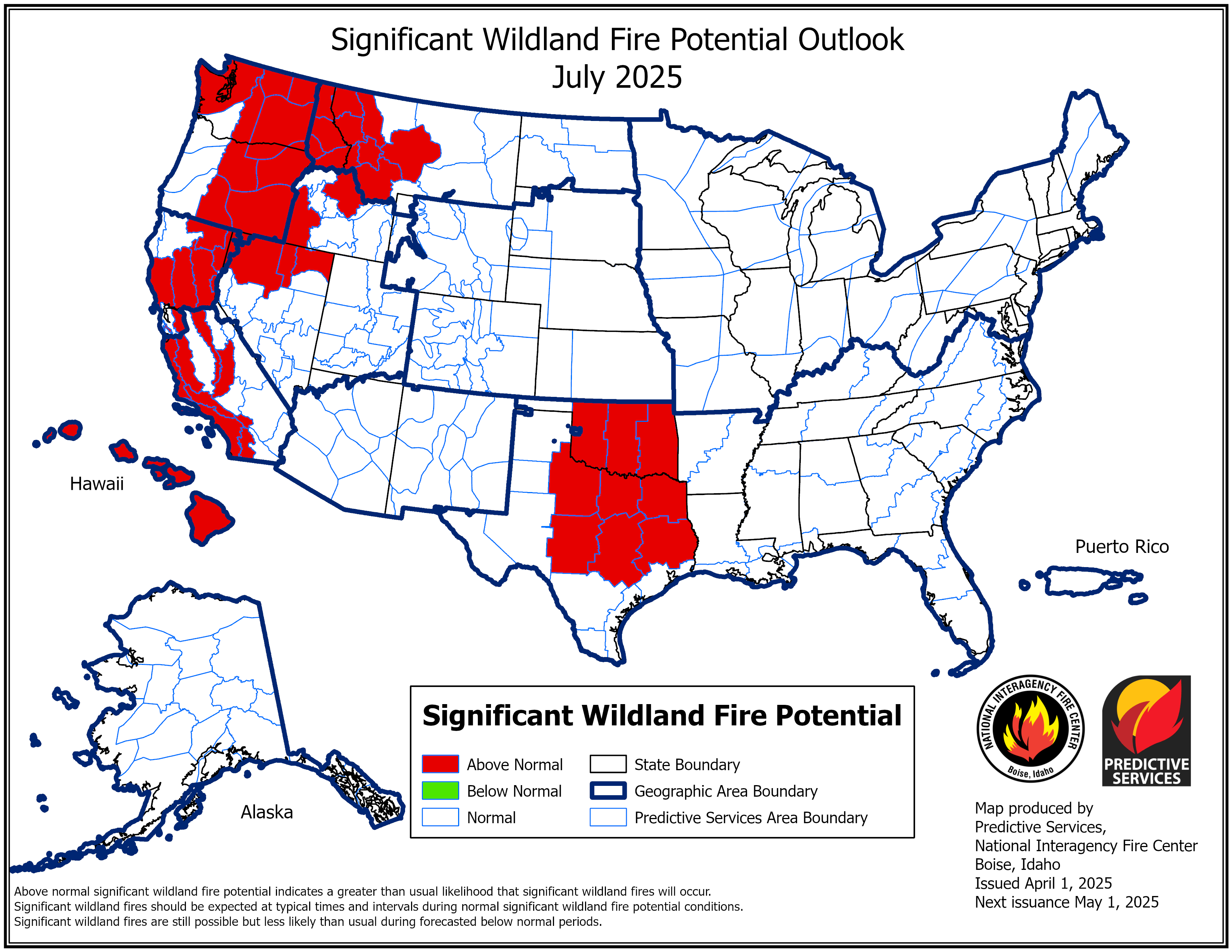 July 2025 Significant Wildland Fire Potential Outlook map (issued April 1, 2025)