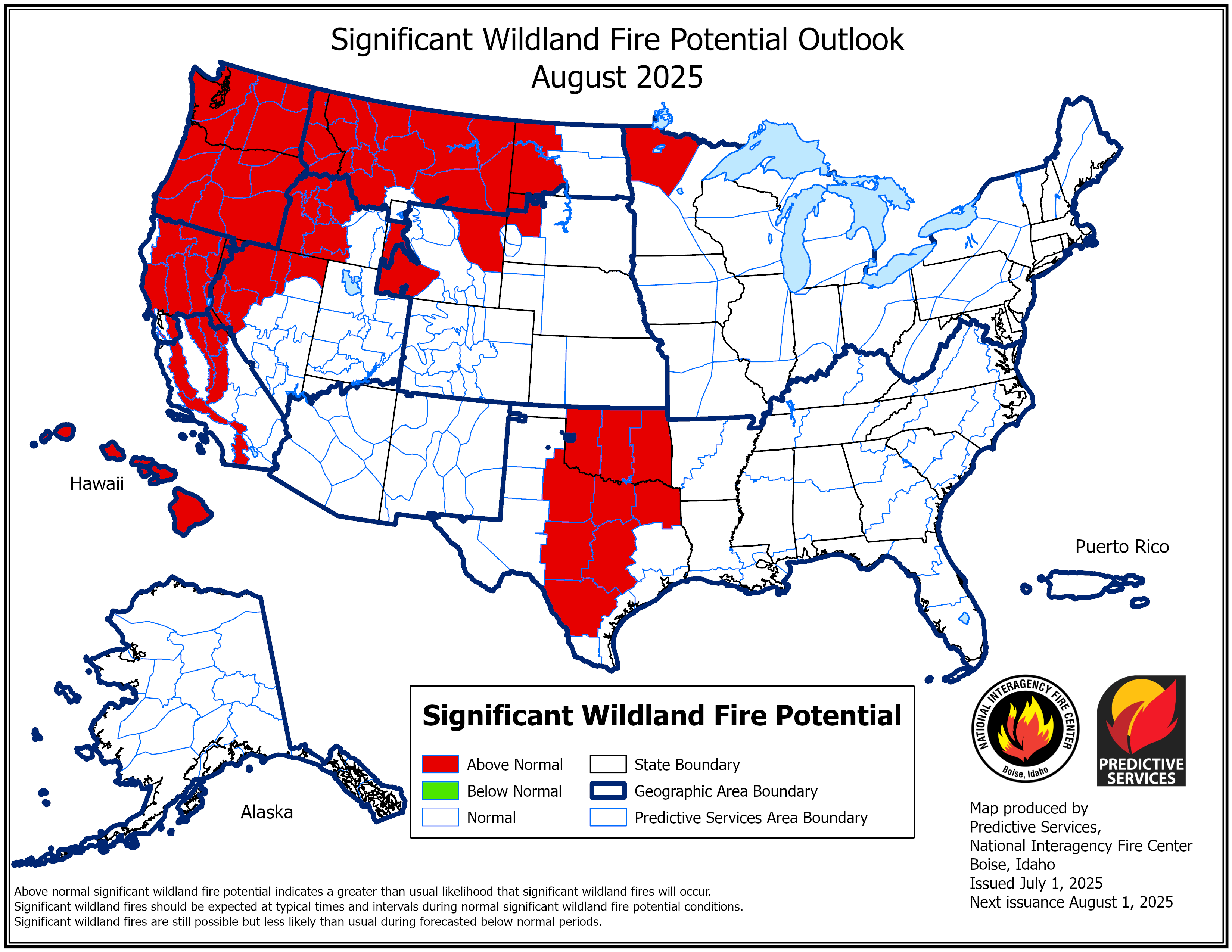 National significant fire potential outlook map for August
