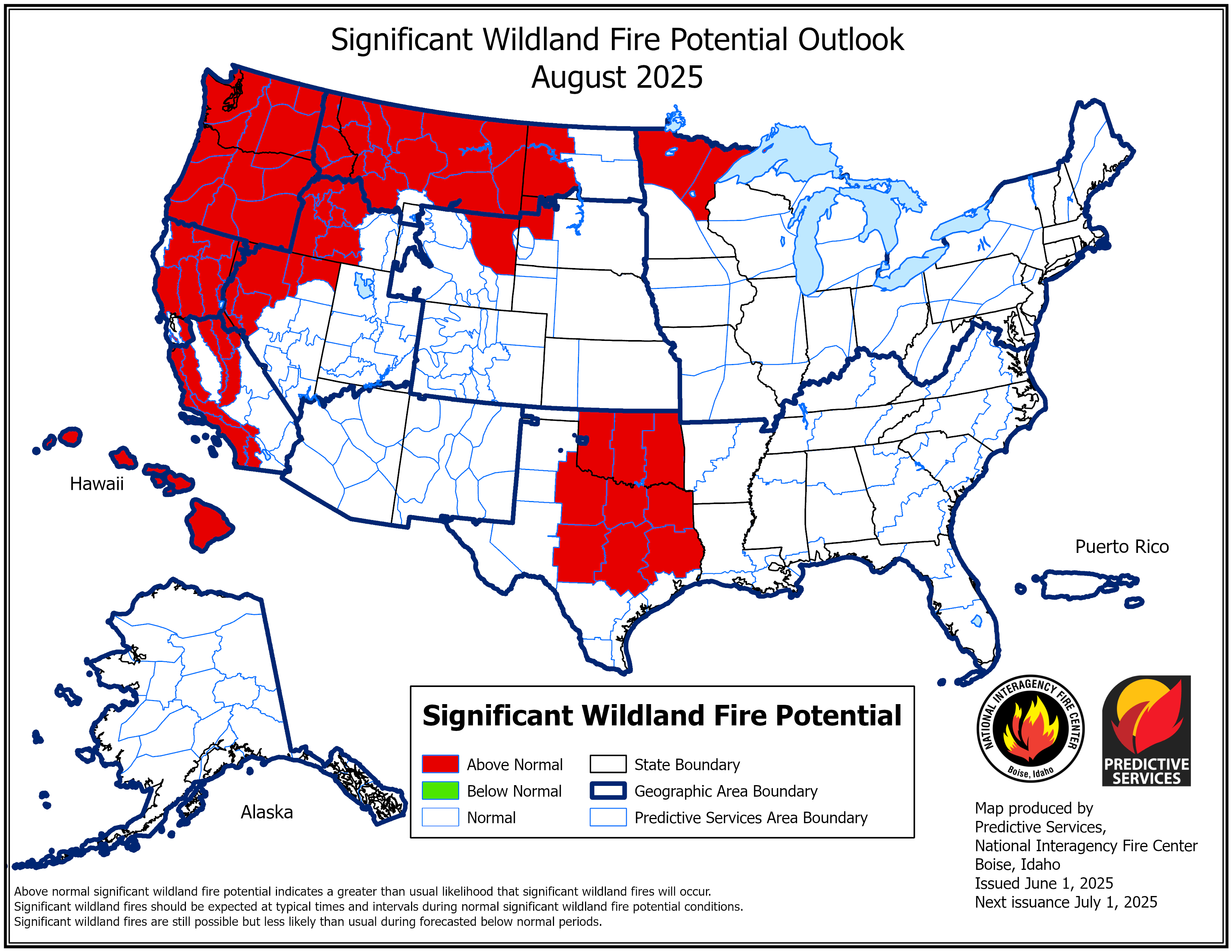 US significant fire potential outlook for August 2025 