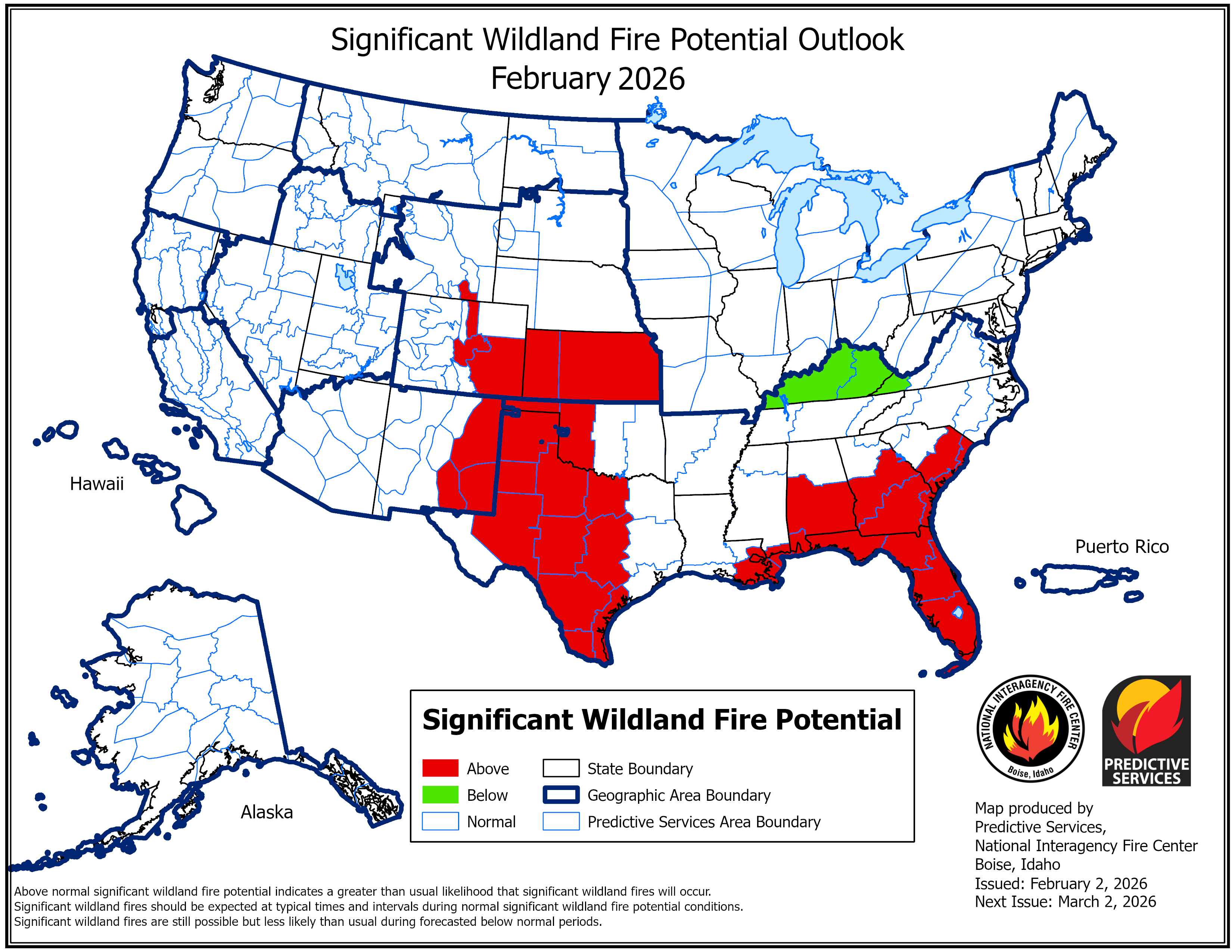 National significant fire potential outlook map for February