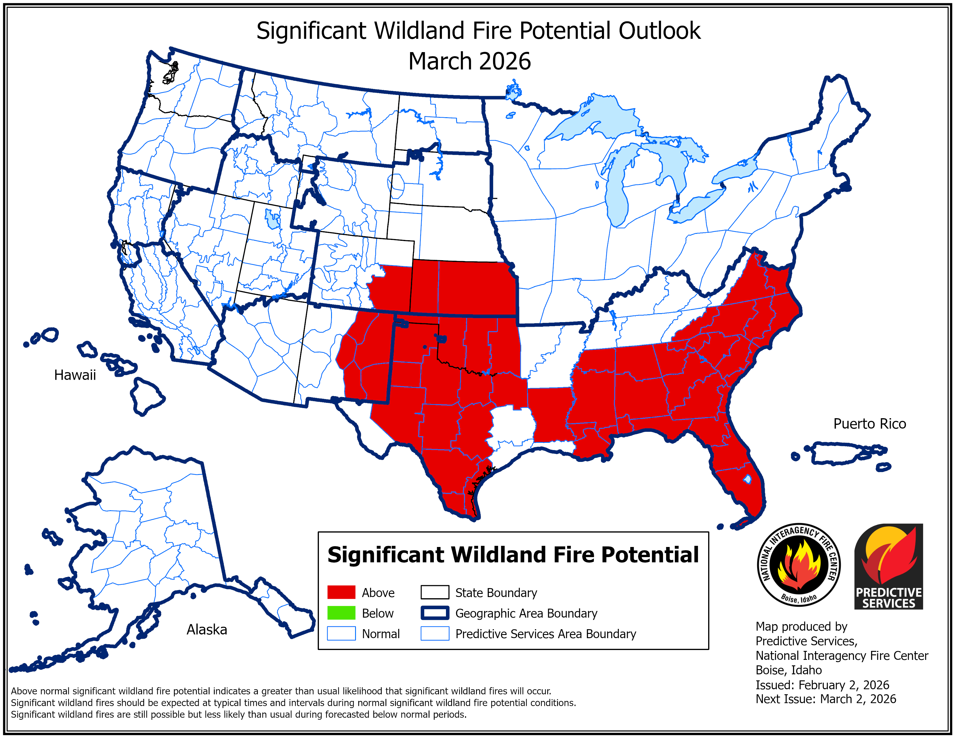 National significant fire potential outlook map for March