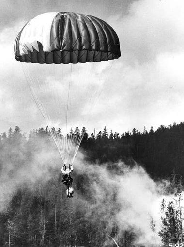 old black and white photo of smokejumper