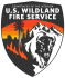 US wildland fire service logo with bison, flames, mountains, and trees. 
