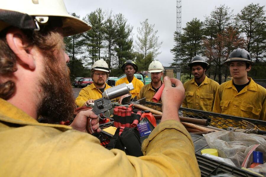 Wildland firefighters participate in a training session.