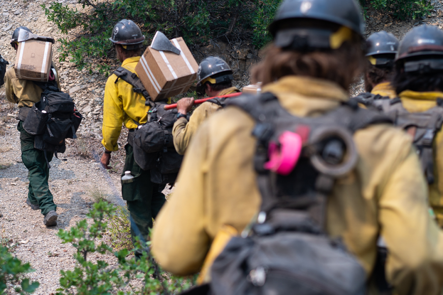 Crew hikes the fireline. A BLM wildland firefighting crew hikes the fireline. Photo by Matt Irving, BLM contractor.