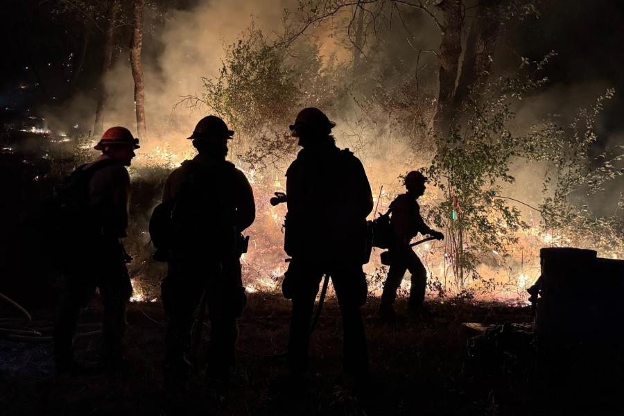 Green Fire, California Firefighters work the fireline at night on the Green Fire in California.