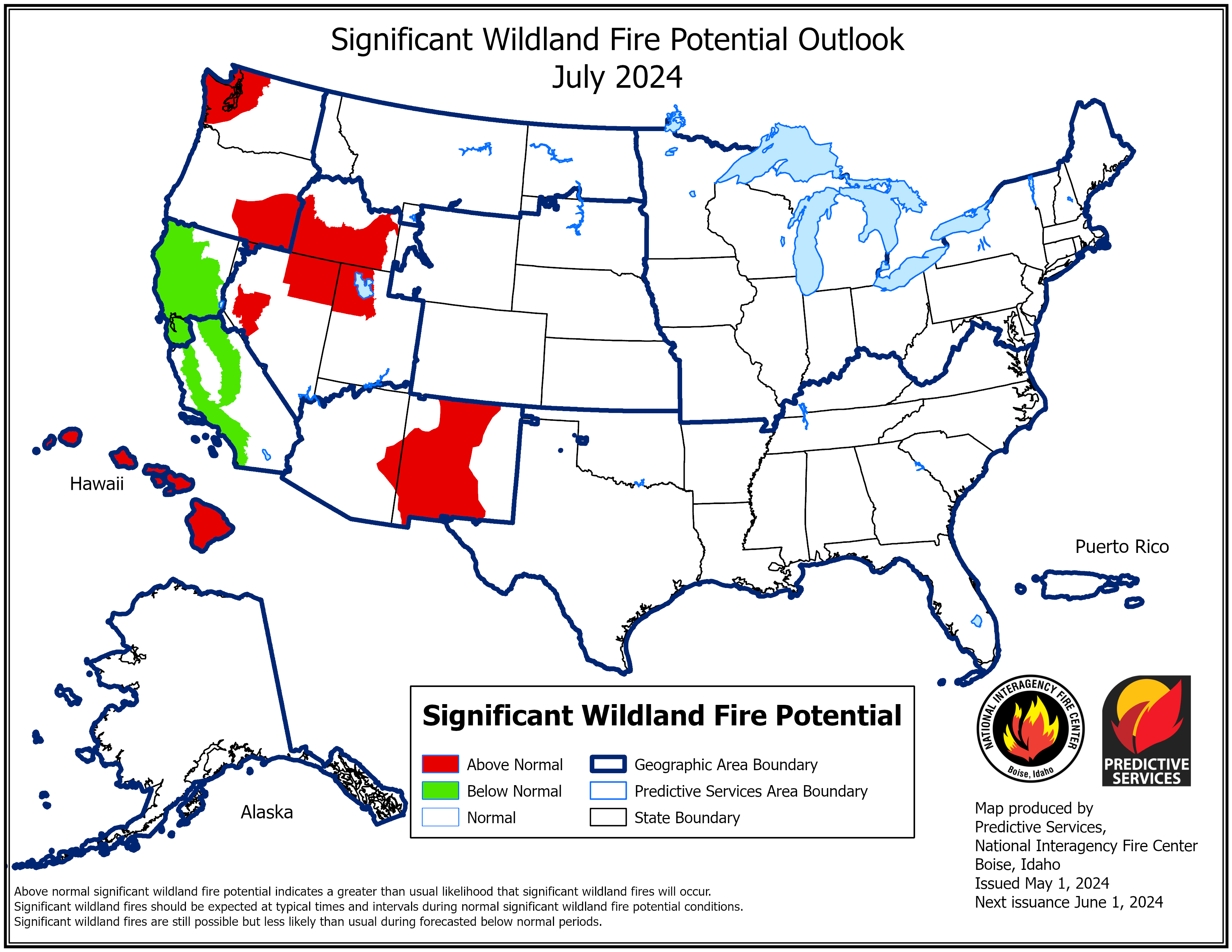 Map of significant fire potential for the US for July