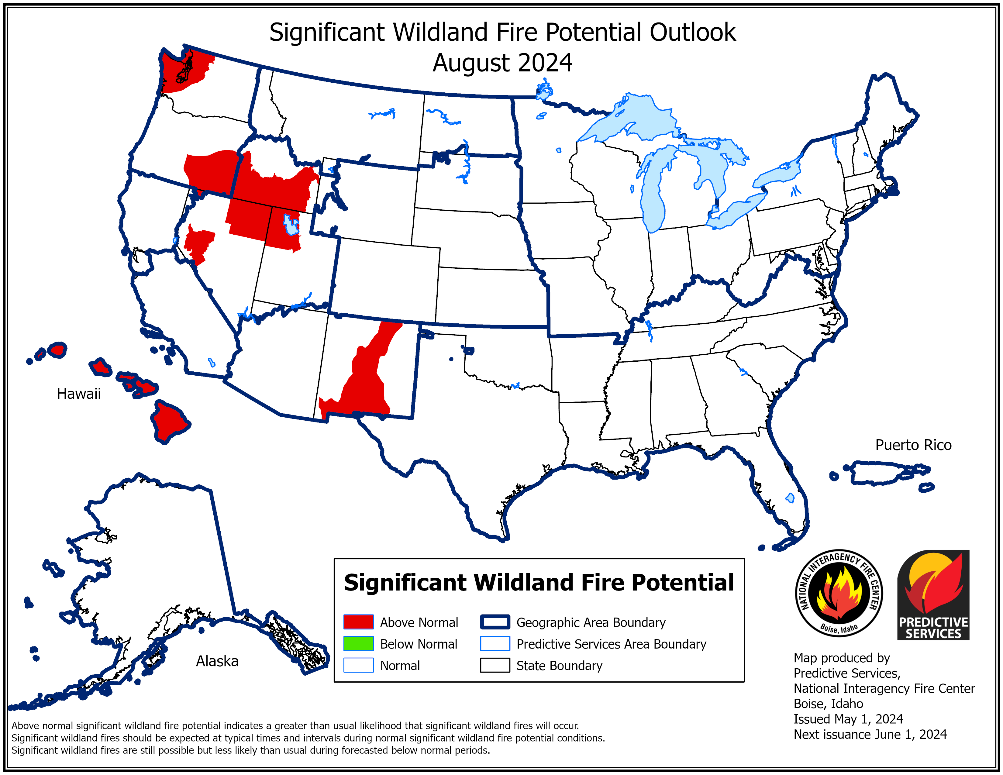 Map of significant fire potential for the US for August
